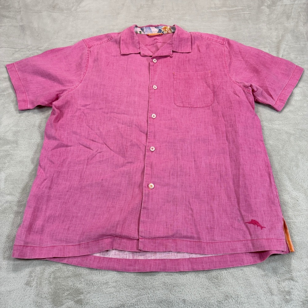 Tommy Bahama Mens Large Pink 100% Linen Short Sleeve Camp Shirt FOS-2